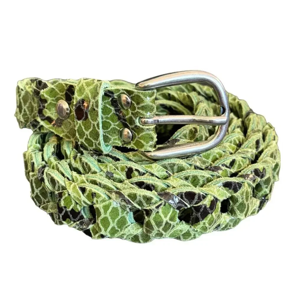 MARIOS Italian Snakeskin Leather Chainlink Design Belt Green Black SZ 4X
